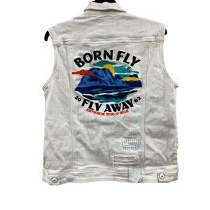 Men's Born Fly Distressed White Denim Vest Medium Embroidered Y2K Streetwear